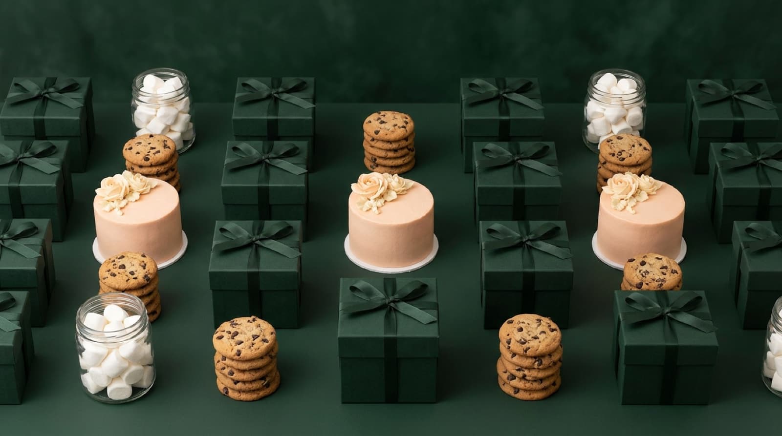Candy bar cu torturi, cookies și marshmallows în cutii verzi